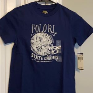 Navy t shirt with white football graphics